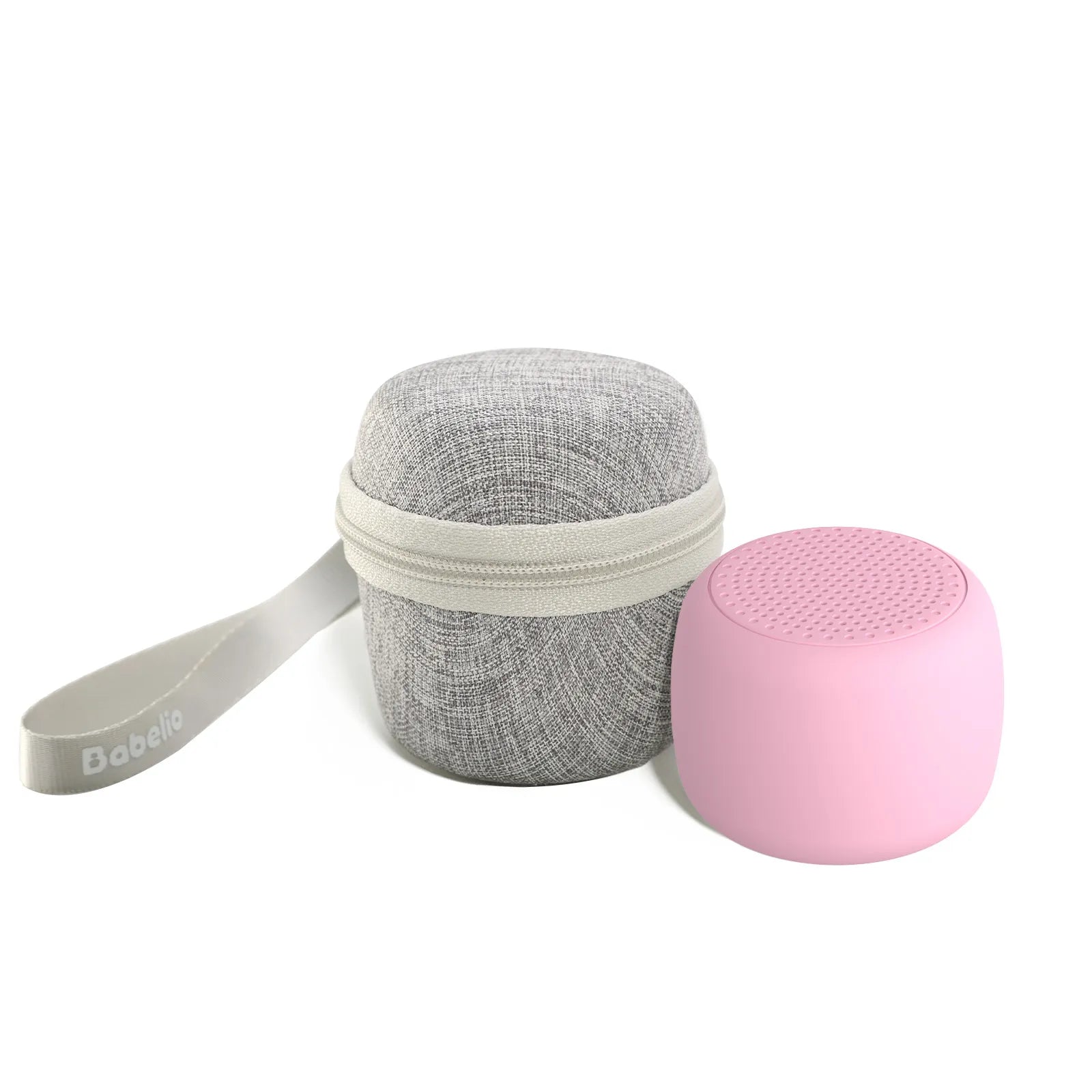 Babelio white noise machine with pink speaker and gray carrying case for nursery use