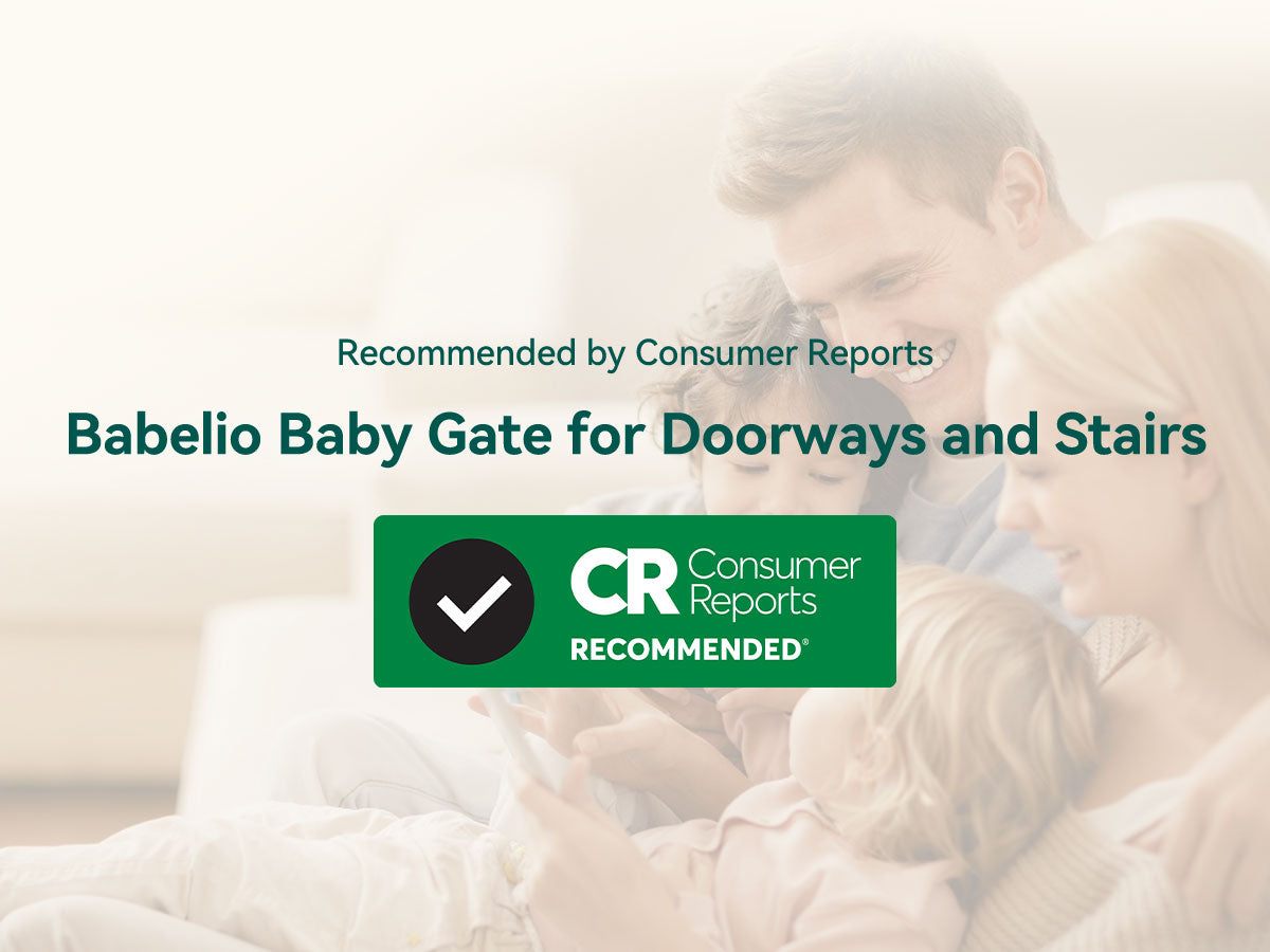 Advertisement for Babelio Baby Gate with a family scene and Consumer Reports logo.