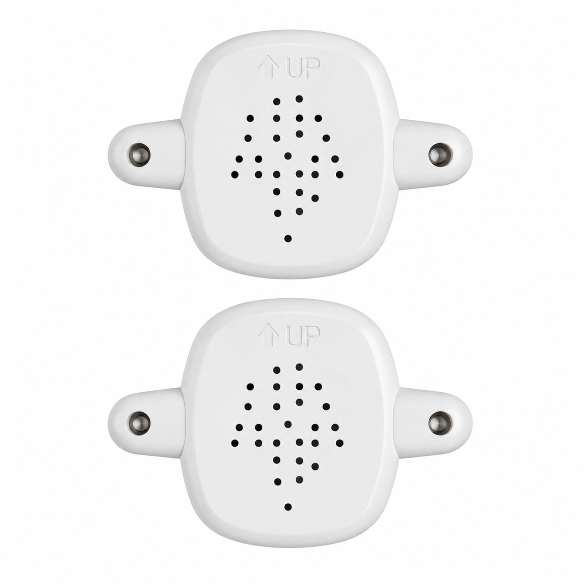 Two white electronic sensor units with small metal side connectors and a dotted directional symbol on the front, shown on a plain white background.