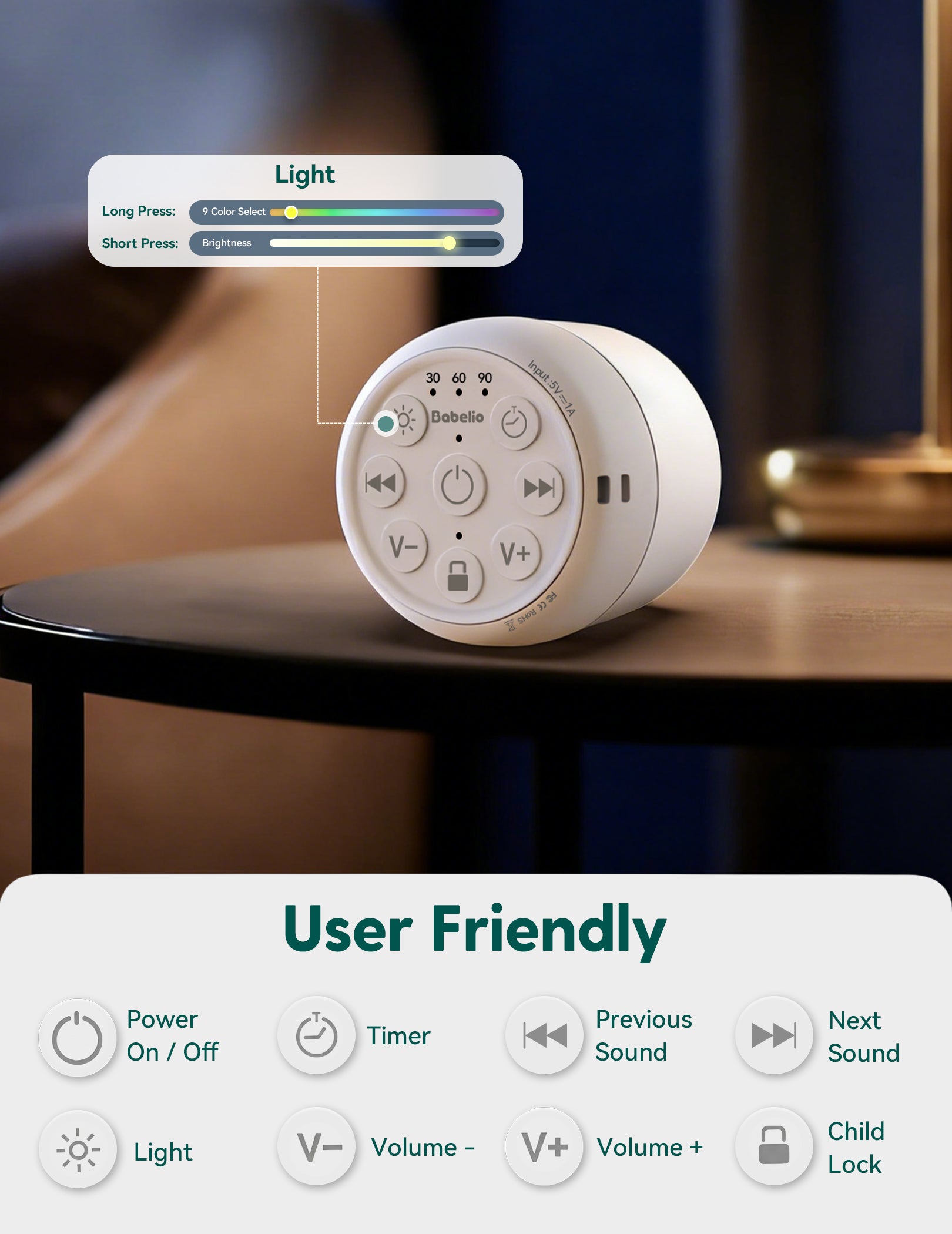 Babelio Pocket Glow White Noise Sound Machine 20 Non-Looping Sounds