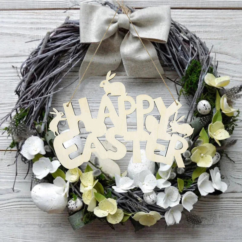 LulliNini HAPPY EASTER Party Door Hanging Sign Wooden Easter Egg Rabbite Bunny For Home Decor Easter Wreath Supplies Wood Crafts Ornaments