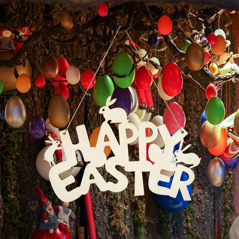 LulliNini HAPPY EASTER Party Door Hanging Sign Wooden Easter Egg Rabbite Bunny For Home Decor Easter Wreath Supplies Wood Crafts Ornaments