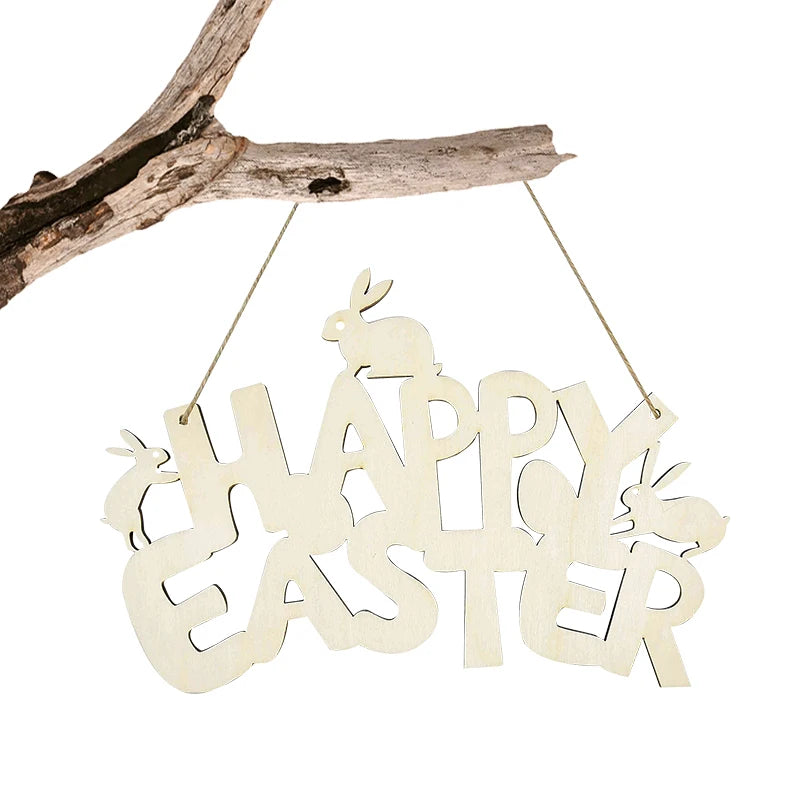 LulliNini HAPPY EASTER Party Door Hanging Sign Wooden Easter Egg Rabbite Bunny For Home Decor Easter Wreath Supplies Wood Crafts Ornaments