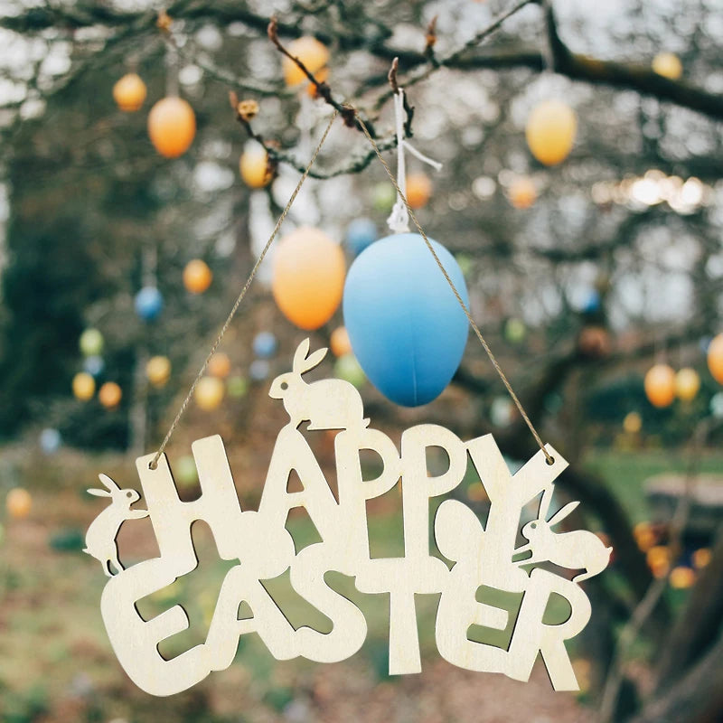 LulliNini HAPPY EASTER Party Door Hanging Sign Wooden Easter Egg Rabbite Bunny For Home Decor Easter Wreath Supplies Wood Crafts Ornaments