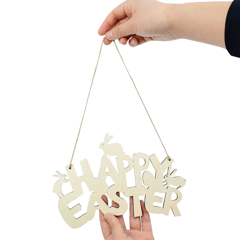 LulliNini HAPPY EASTER Party Door Hanging Sign Wooden Easter Egg Rabbite Bunny For Home Decor Easter Wreath Supplies Wood Crafts Ornaments