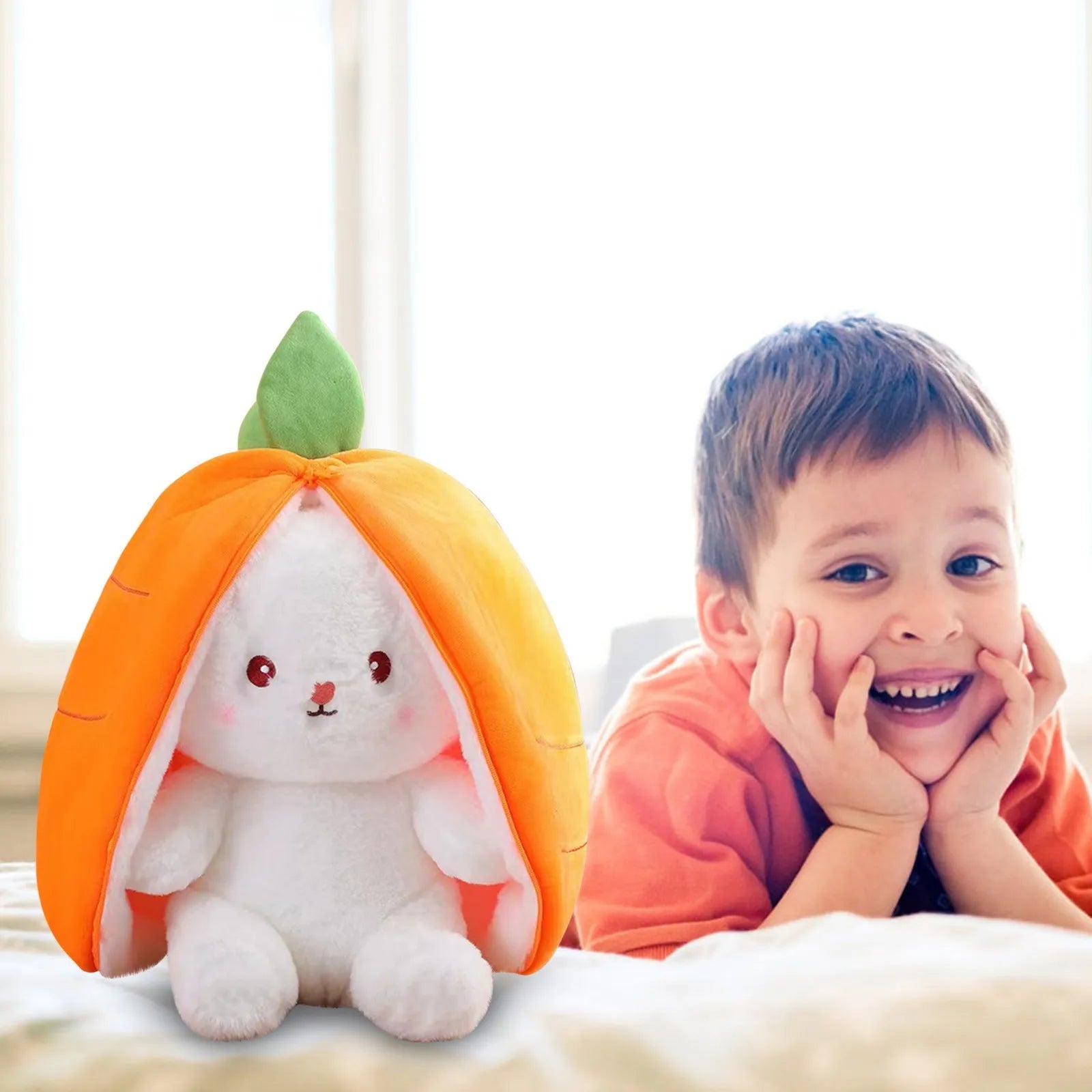 LulliNini Easter Bunny Plush Reversible Carrot Strawberry Bunny Plush Toy Pillow Bunny With Zipper Birthday Gift For Boys Girls Kids Doll