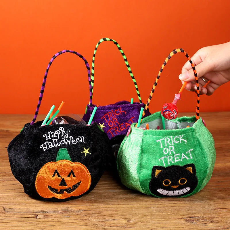 Halloween Pumpkin Candy Bag — Cute Embroidered Trick or Treat Tote for Kids