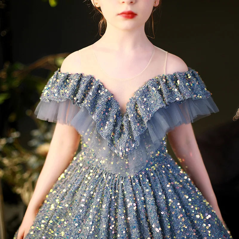 Tiny Cuddling Elegant Sequin Dress | Little Girls Puffy Long Prom Ball Gown Model Show Banquet Pageant Shiny Dress
