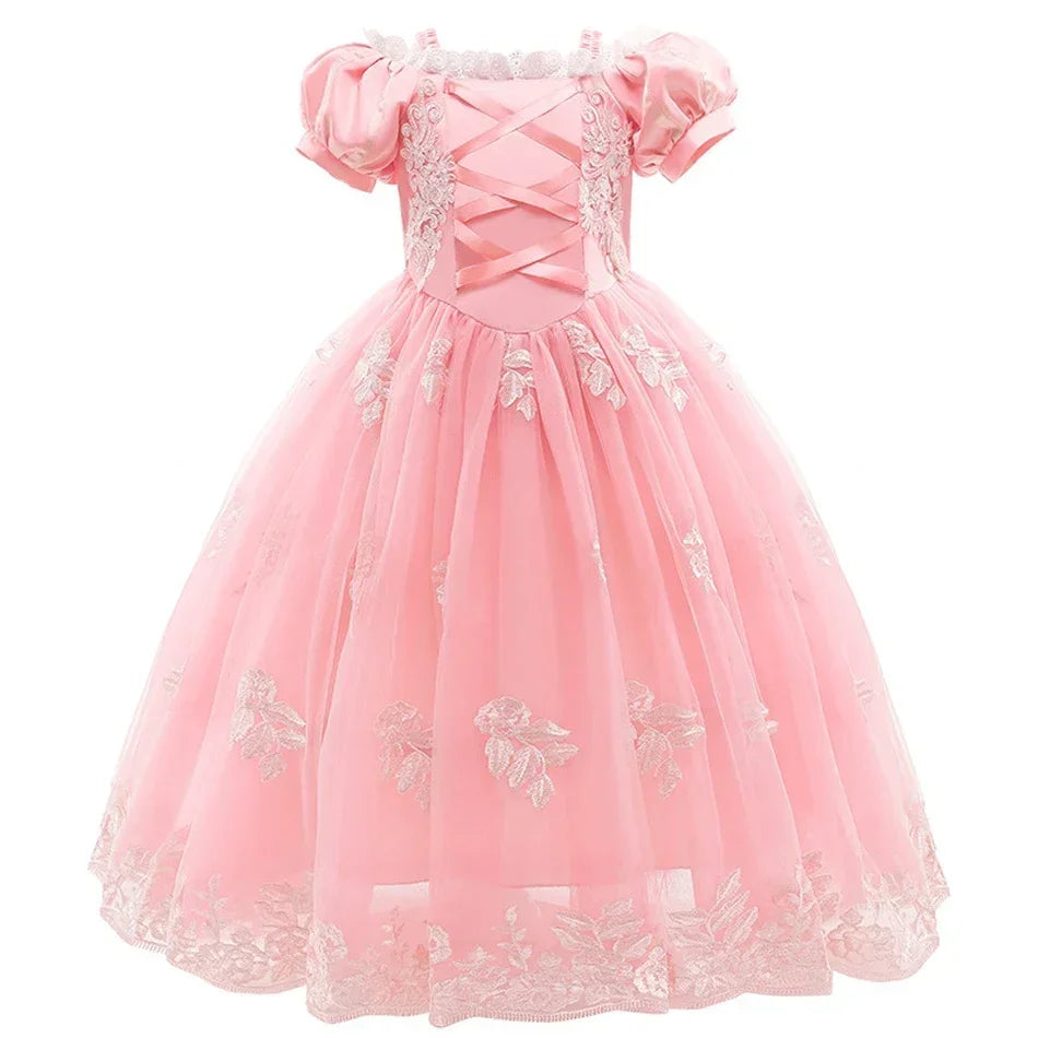 Girls Fairy Tale Princess Dress — Puff Sleeve Tulle Cosplay Gown, Mid-Calf
