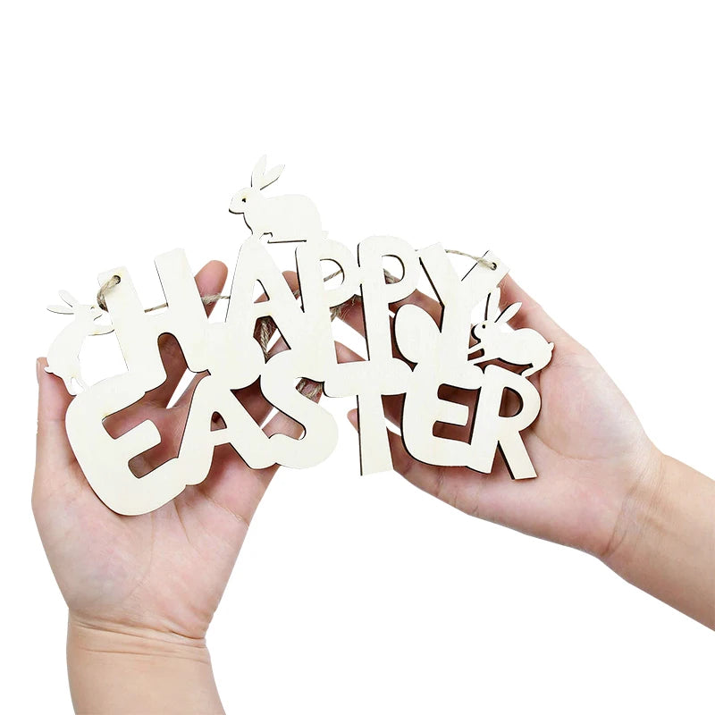 LulliNini HAPPY EASTER Party Door Hanging Sign Wooden Easter Egg Rabbite Bunny For Home Decor Easter Wreath Supplies Wood Crafts Ornaments