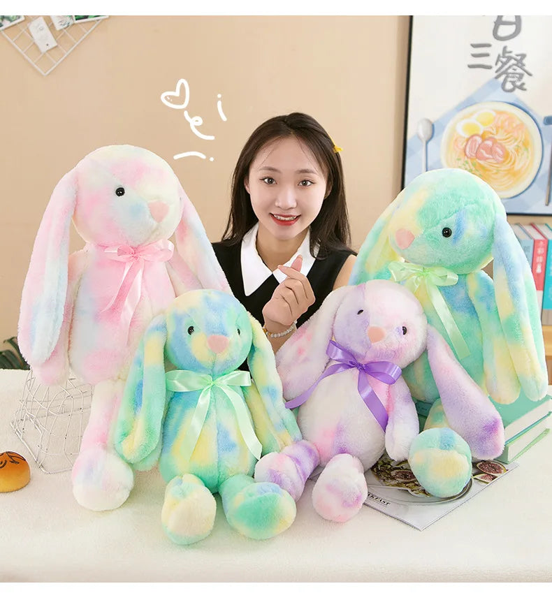 LulliNini Long Ears Rainbow Colorful Rabbit Plush Toys Soft Stuffed Animal Bunny Plush Doll Kids Toys Birthday Easter Gift