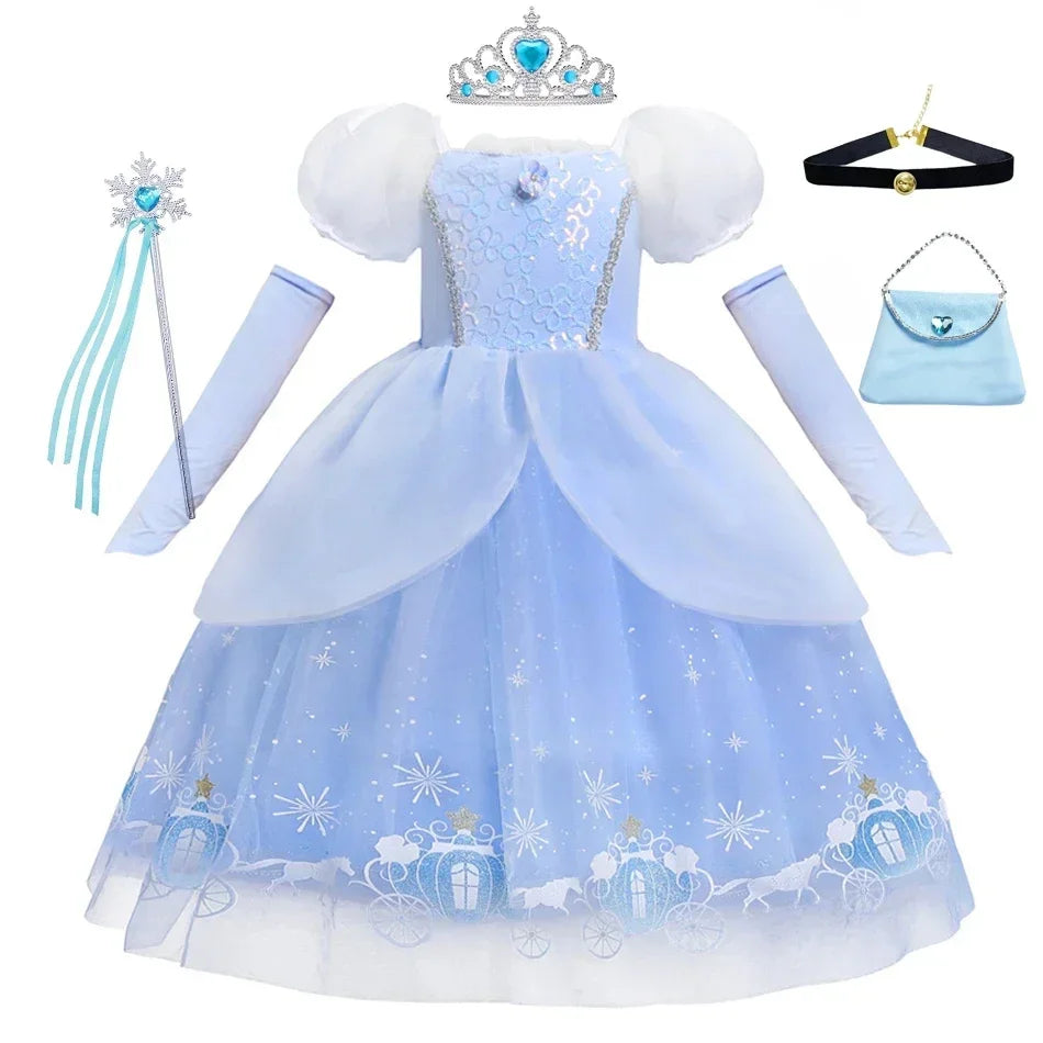 Blue Fairytale Princess Dress for Girls — Ball Gown with Puff Sleeves & Sequins