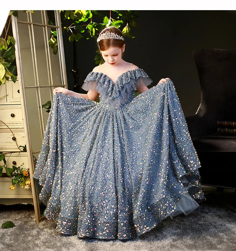 Tiny Cuddling Elegant Sequin Dress | Little Girls Puffy Long Prom Ball Gown Model Show Banquet Pageant Shiny Dress