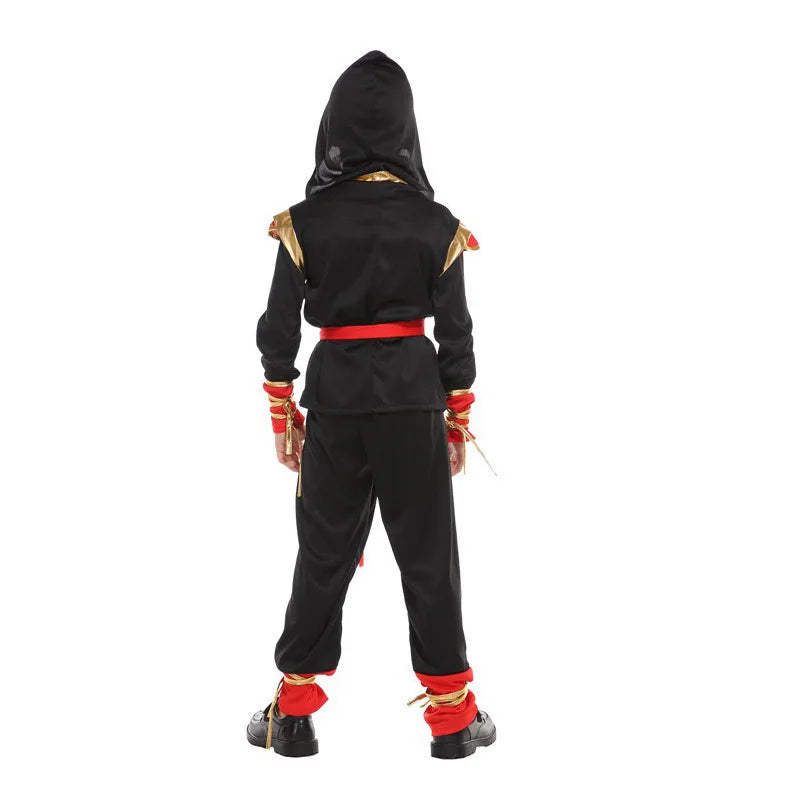 Kids Ninja Costume — Black & Red Samurai Assassin Outfit with Mask, Belt & Toy Weapons for Halloween