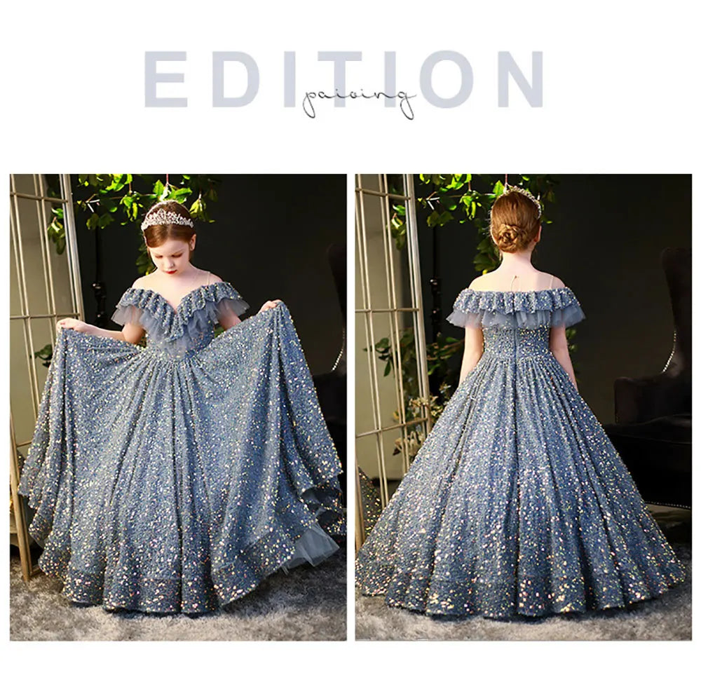 Tiny Cuddling Elegant Sequin Dress | Little Girls Puffy Long Prom Ball Gown Model Show Banquet Pageant Shiny Dress