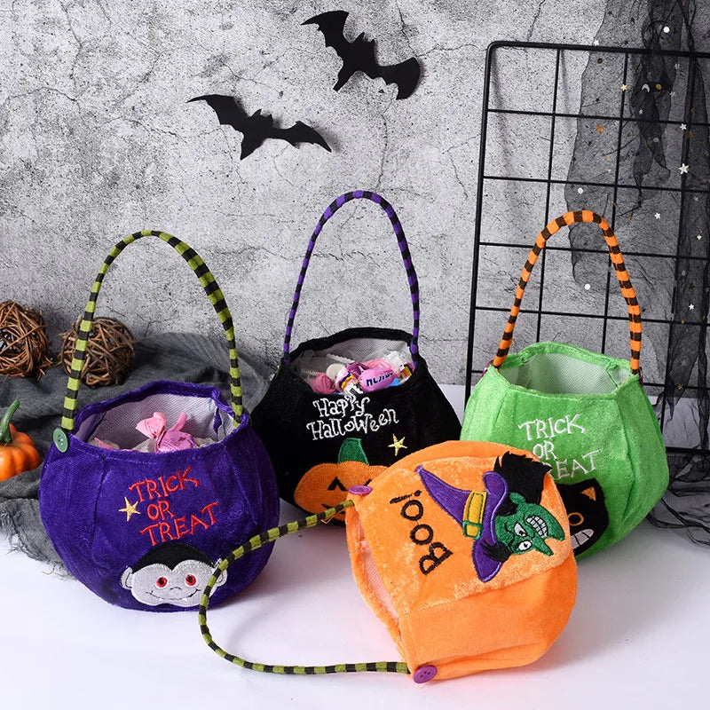 Halloween Pumpkin Candy Bag — Cute Embroidered Trick or Treat Tote for Kids