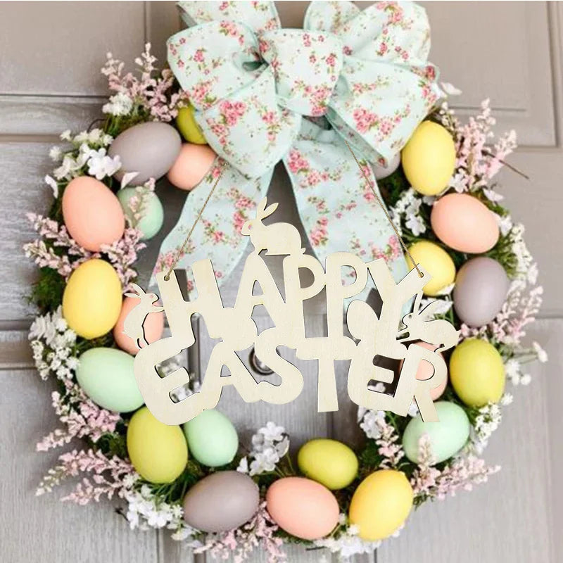LulliNini HAPPY EASTER Party Door Hanging Sign Wooden Easter Egg Rabbite Bunny For Home Decor Easter Wreath Supplies Wood Crafts Ornaments