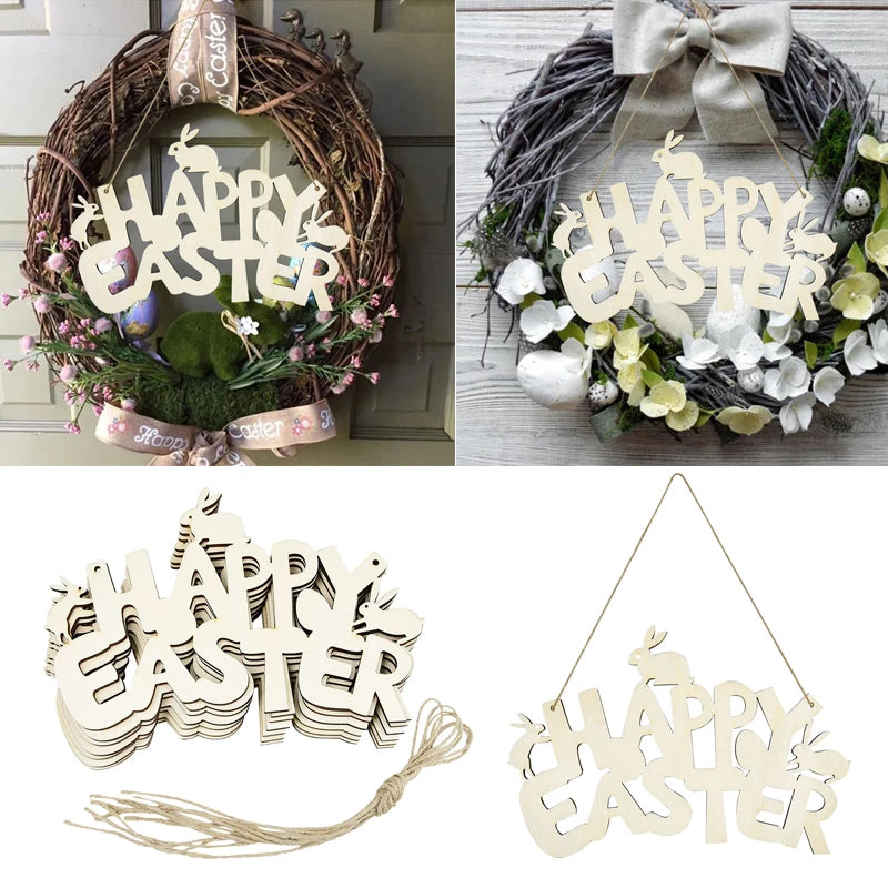 LulliNini HAPPY EASTER Party Door Hanging Sign Wooden Easter Egg Rabbite Bunny For Home Decor Easter Wreath Supplies Wood Crafts Ornaments