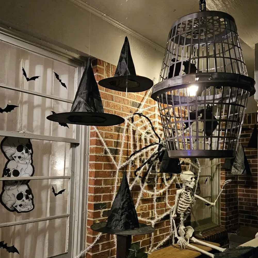 Halloween Hanging Witches Hats — 6/12 Pack with 40m Rope, Black Wizard Hats for Party & Outdoor Decoration