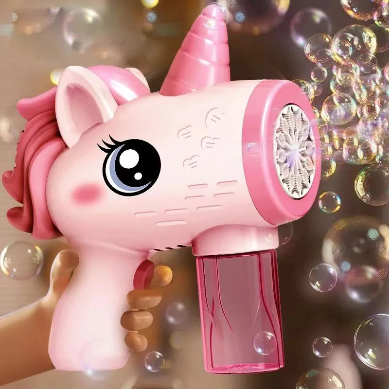 LulliNini Unicorn electric bubble gun, toy bubble machine, automatic soap blower with lights, summer outdoor party games, children's gifts