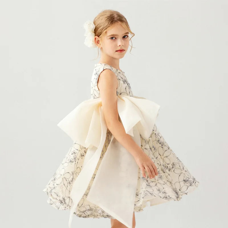 Girls' Sleeveless Lace Princess Dress — Elegant Patchwork Design with Bow Detail