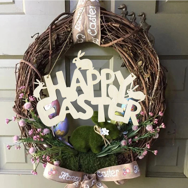 LulliNini HAPPY EASTER Party Door Hanging Sign Wooden Easter Egg Rabbite Bunny For Home Decor Easter Wreath Supplies Wood Crafts Ornaments