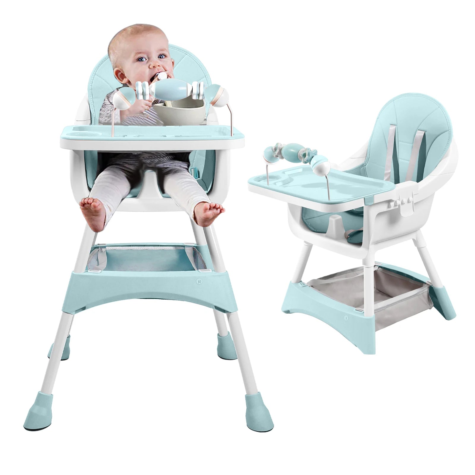 PetitWishes Baby High Chair, Portable Baby Dining Chairs Eat & Play Convertible High Chair with Double-Layer Dinner Plate and Toy Rack