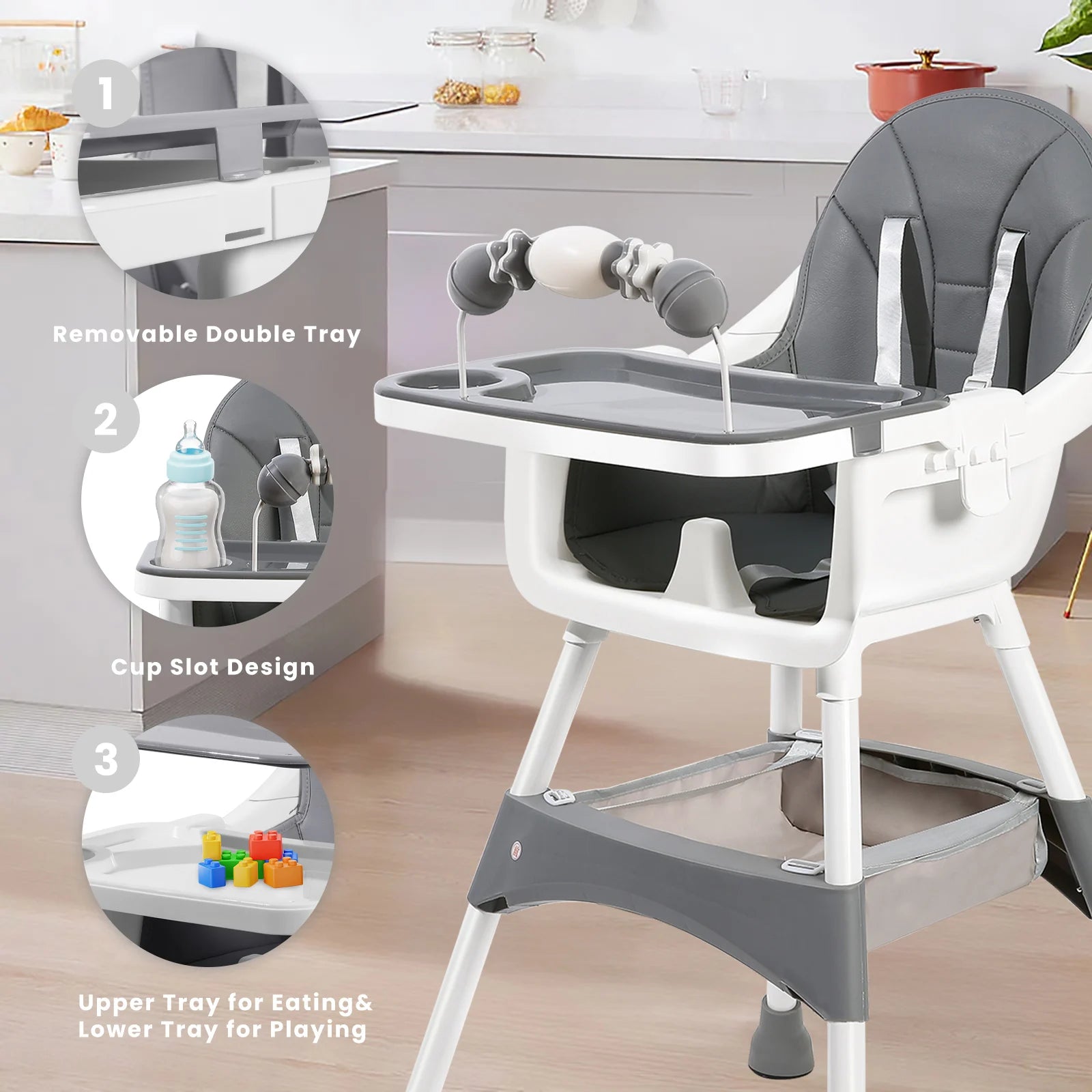 PetitWishes Baby High Chair, Portable Baby Dining Chairs Eat & Play Convertible High Chair with Double-Layer Dinner Plate and Toy Rack