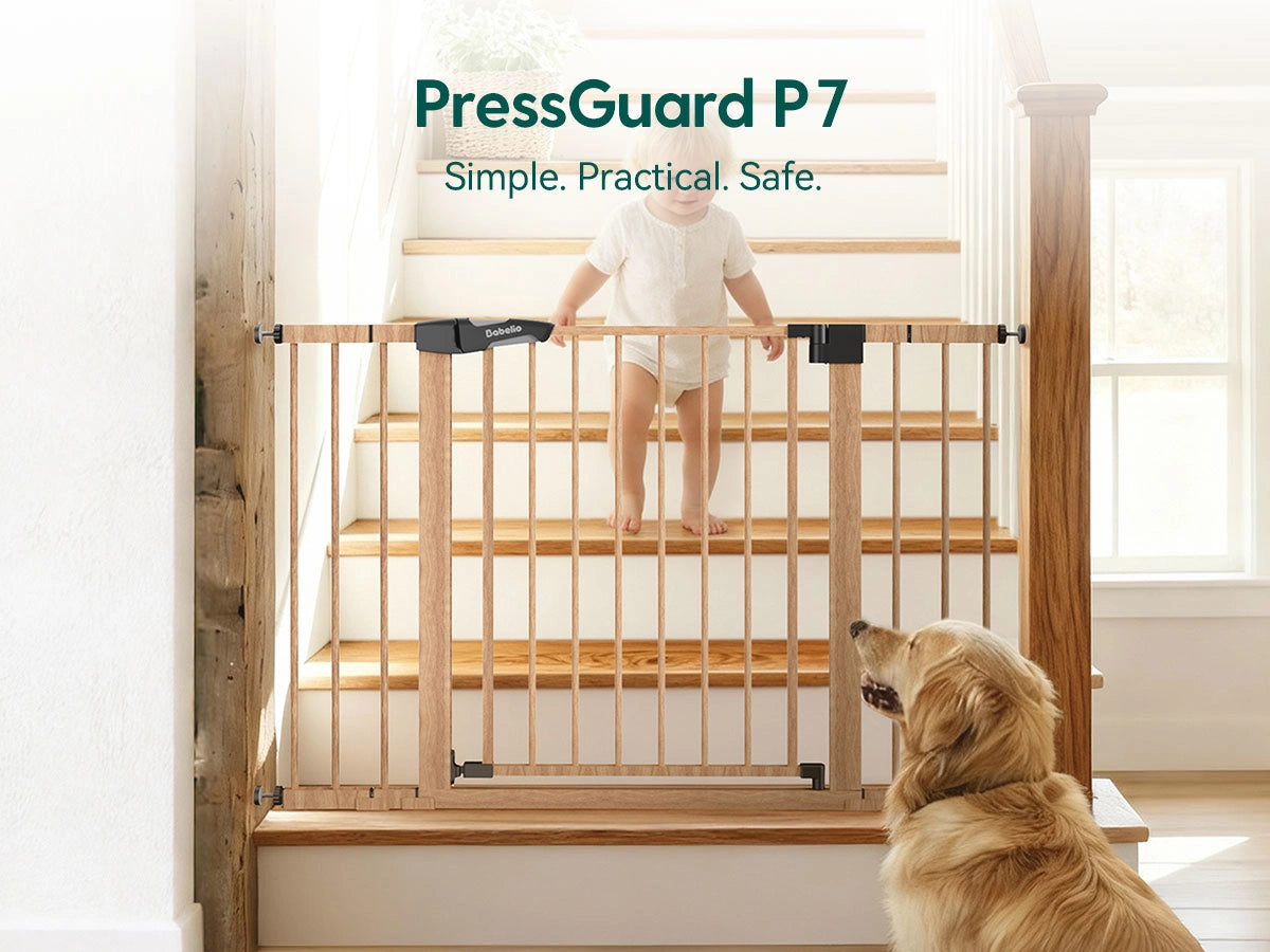 Wooden Pattern Baby Gate with a child and dog in a home setting. It showns the gate is Simaple, practical, safe.