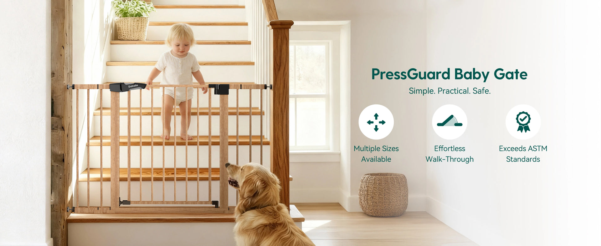 Wooden Pattern Baby Gate with a child and dog in a home setting. It showns the gate is Simaple, practical, safe. Multiple Sizes Available ; Effortless Walk-Through ; Exceeds ASTM Standards