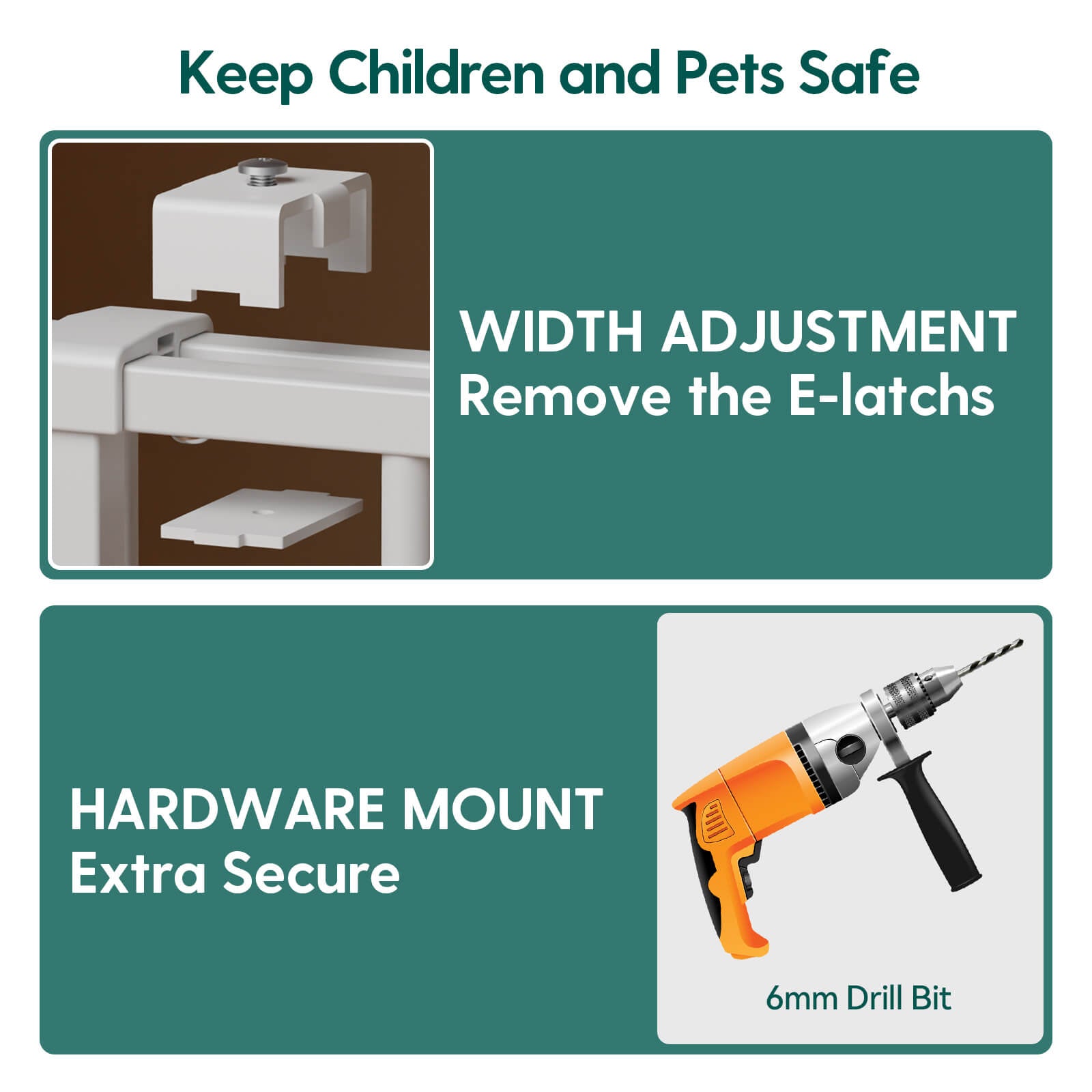 Adjustable baby gate showing width adjustment by removing E-latches and secure hardware mount installation with drill, Babelio Boundless B17