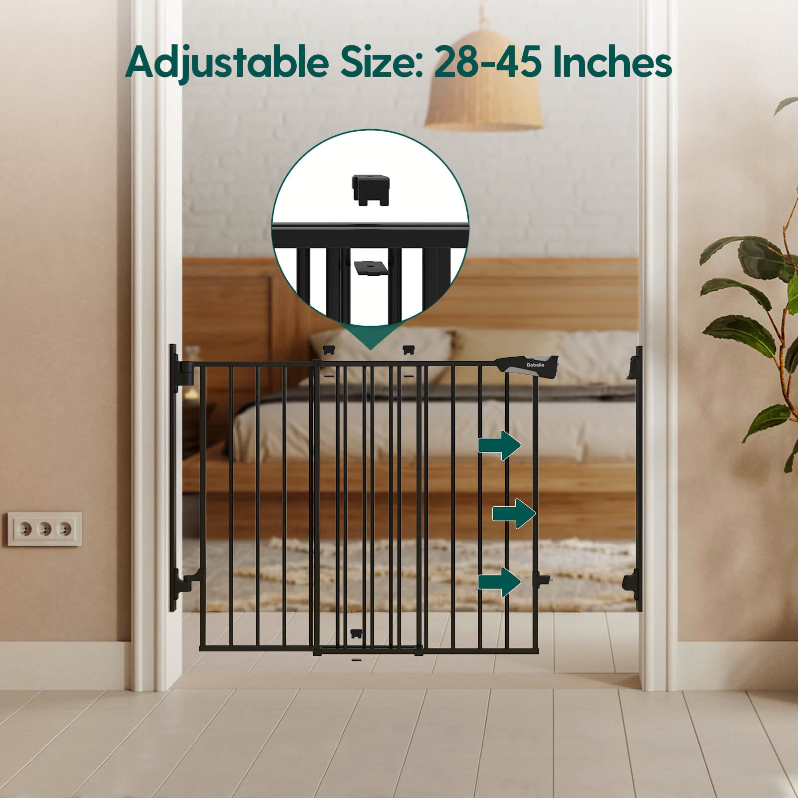 Baby gate with adjustable width from 28 to 45 inches, designed to fit various stairways and doorways securely, offering a custom fit and reliable safety for families, from the Boundless D8 series by Babelio.