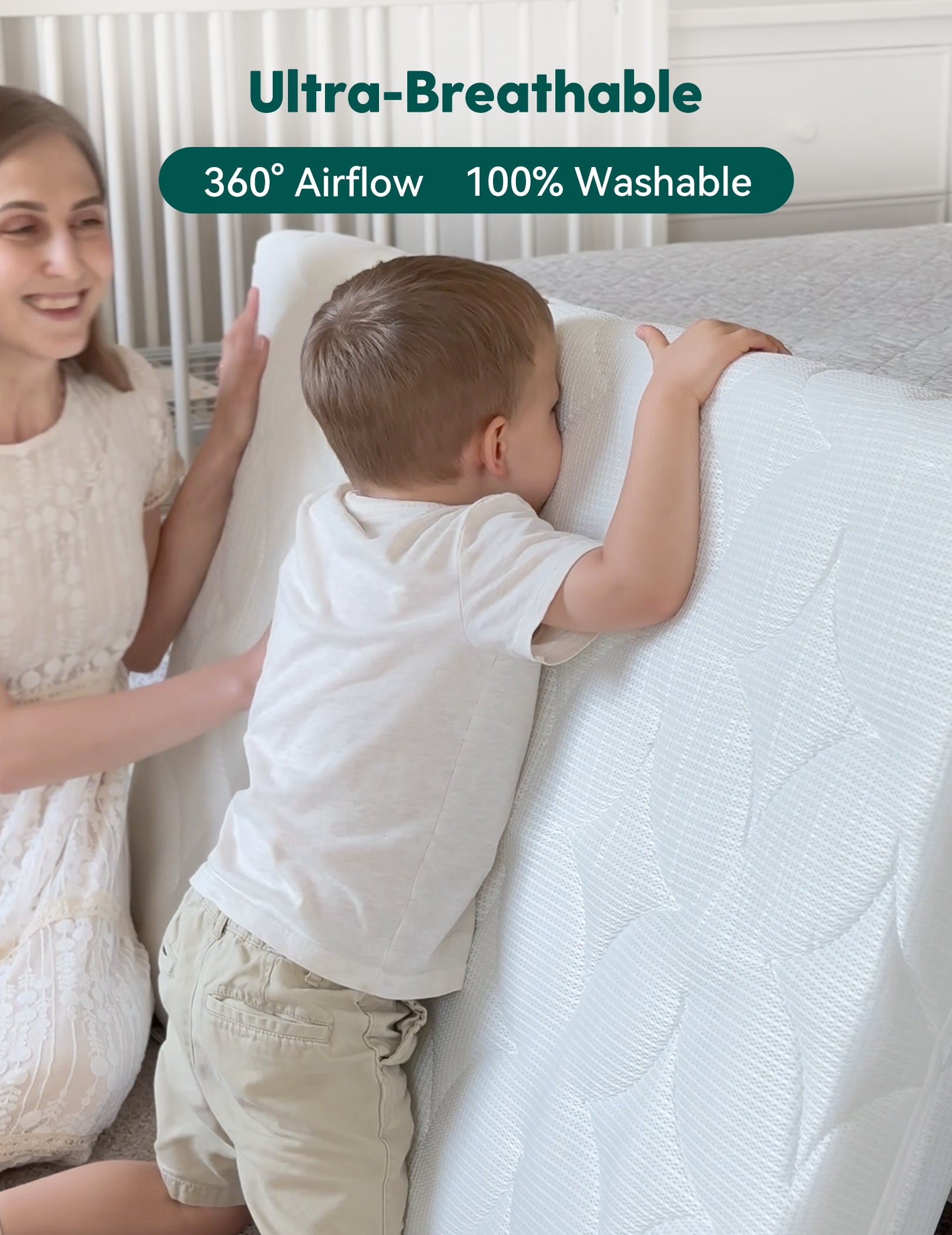 Babelio crib mattress in nursery, mother and child showing ultra-breathable washable bedding