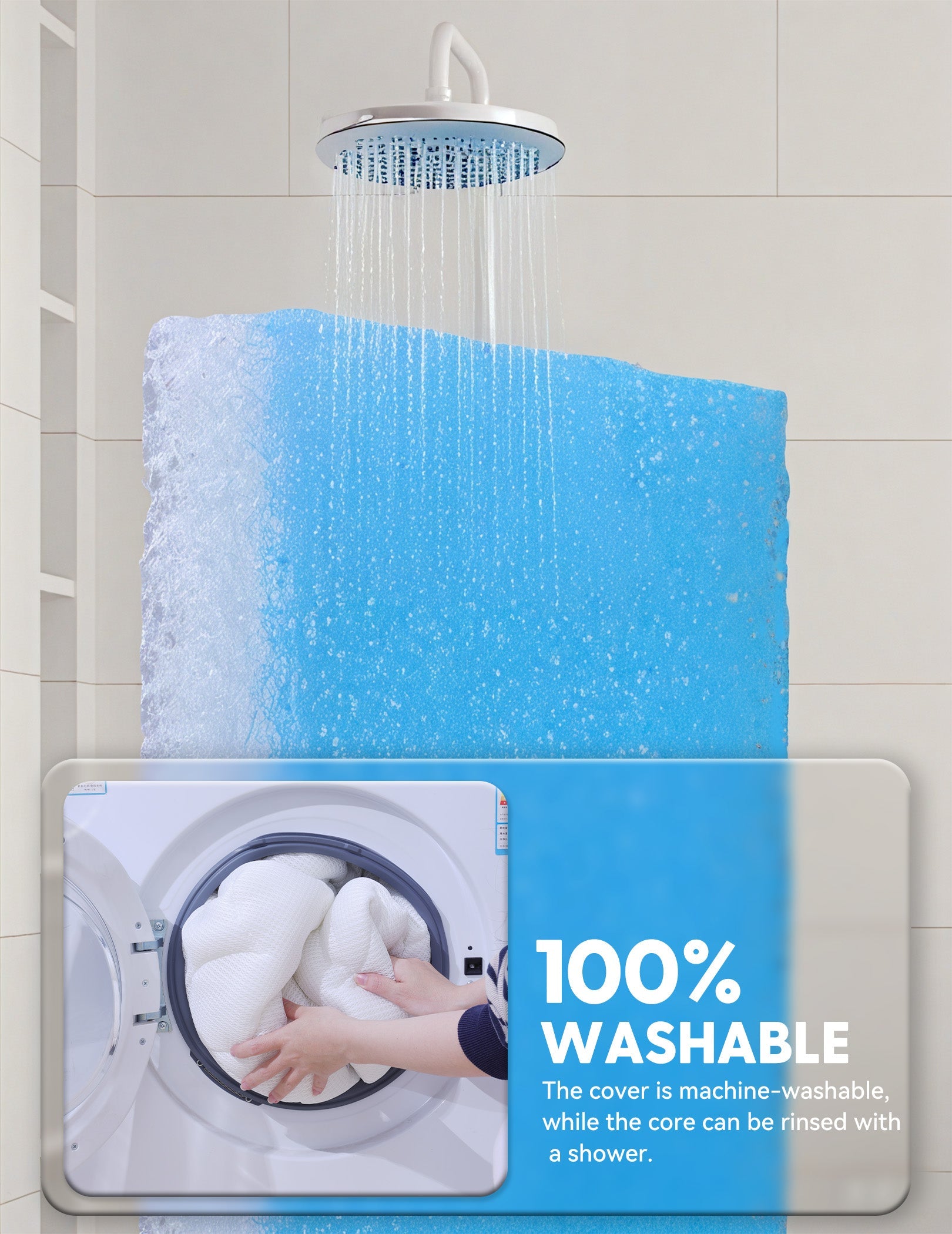 Babelio crib mattress core under shower, washable cover being placed in washing machine, bathroom setting.