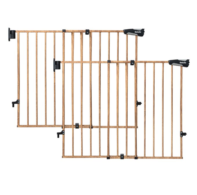 Wood pattern adjustable baby gate bundle for stairs and doorways, two-pack safety gates with auto-close and double lock design, alloy frame for baby and pet safety, Babelio Boundless B17