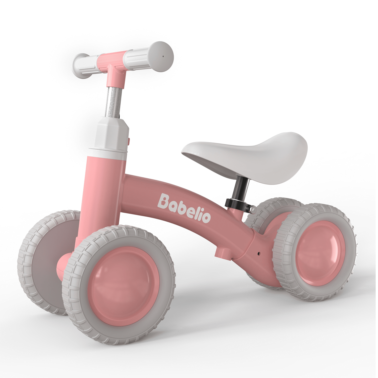 Babelio pink toddler balance bike with four wheels on white background