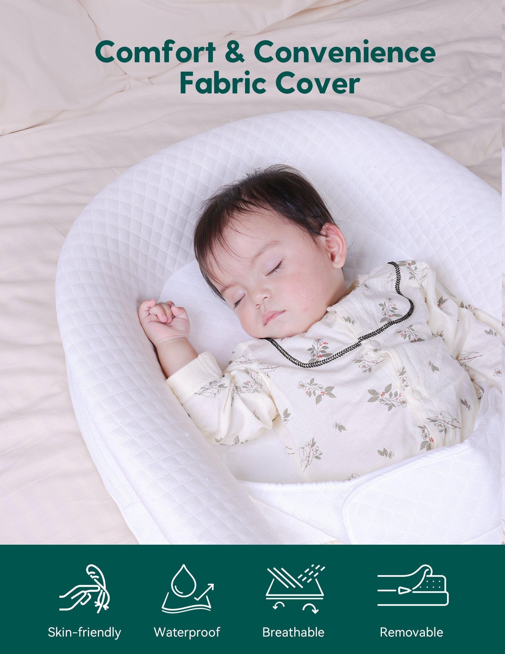 Babelio baby lounger with infant sleeping on bed, breathable and removable fabric cover
