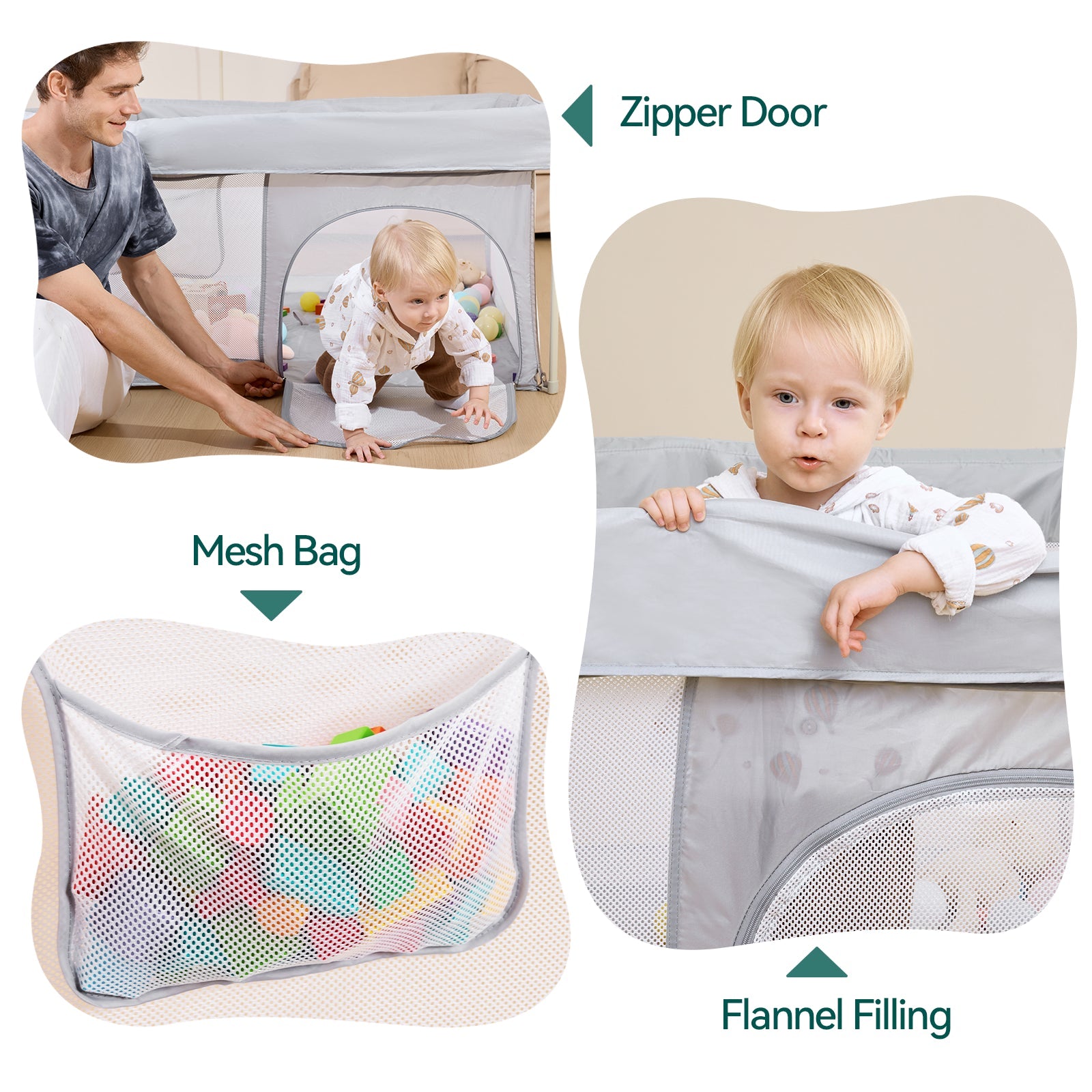 Babelio baby playpen with zipper door, mesh bag for toys, and soft flannel filling in a nursery