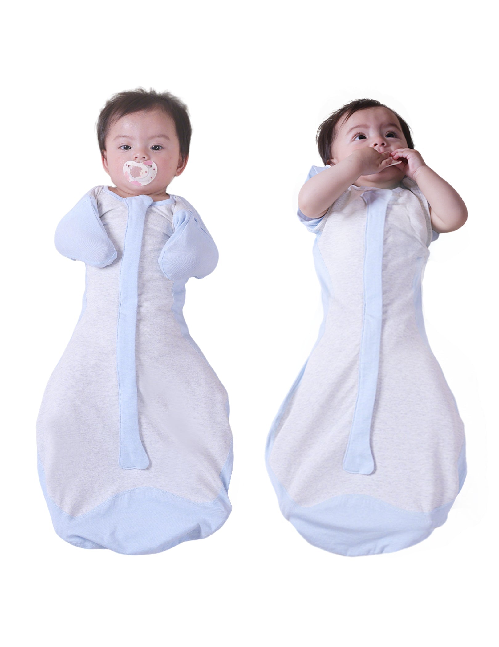 Babelio baby swaddle with detachable sleeves shown on infants, white background