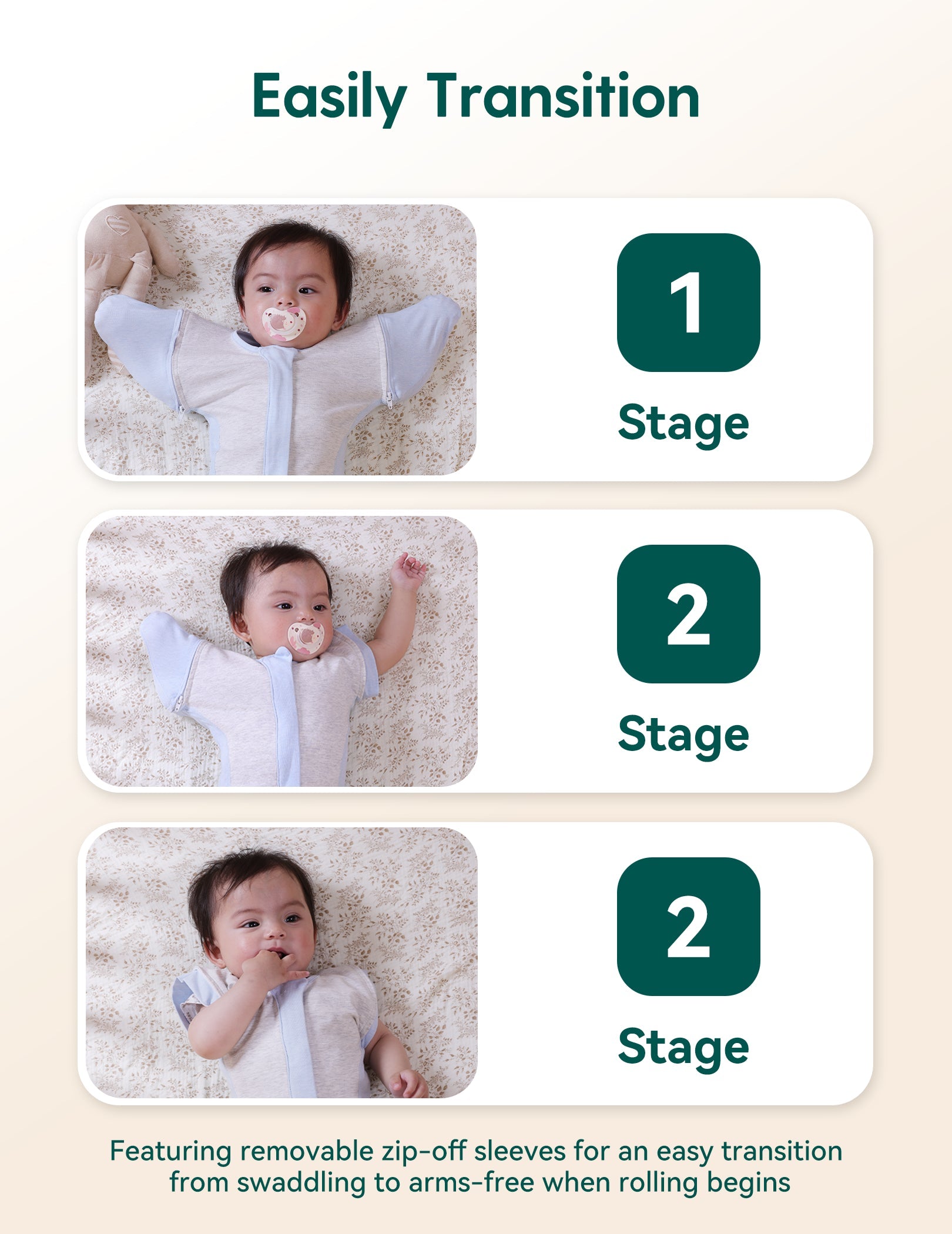Babelio baby swaddle with detachable sleeves shown on infant in nursery setting
