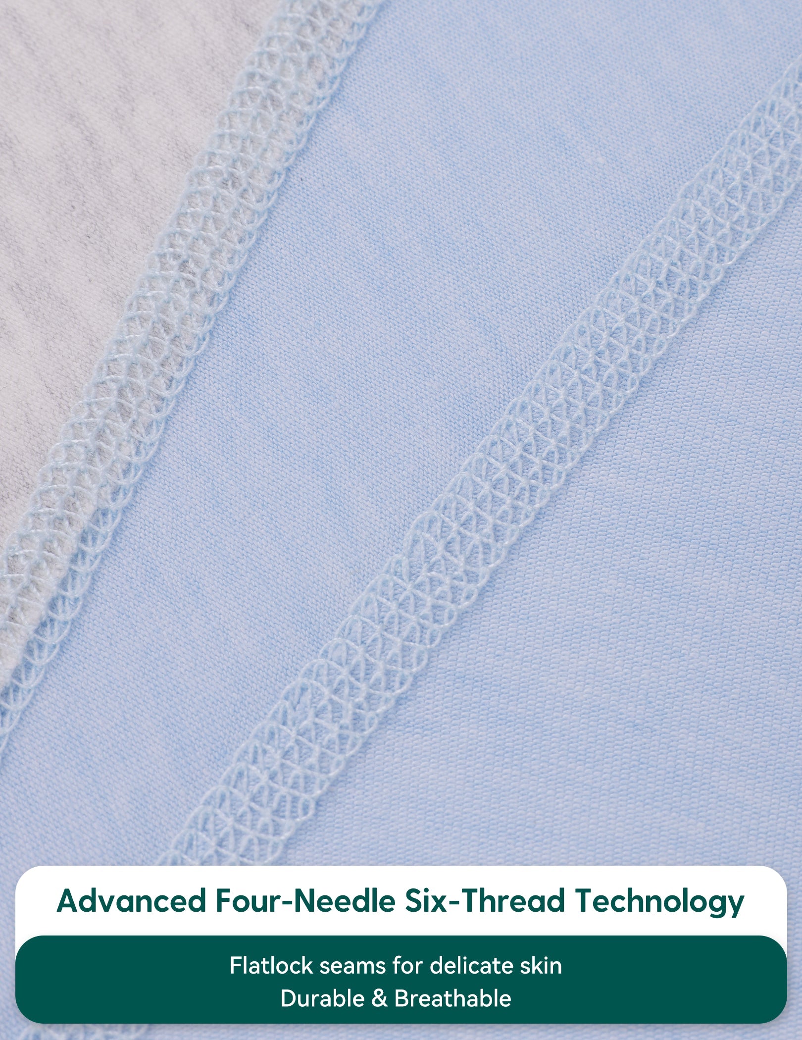 Close-up of Babelio baby swaddle blue fabric with flatlock seams, durable and breathable