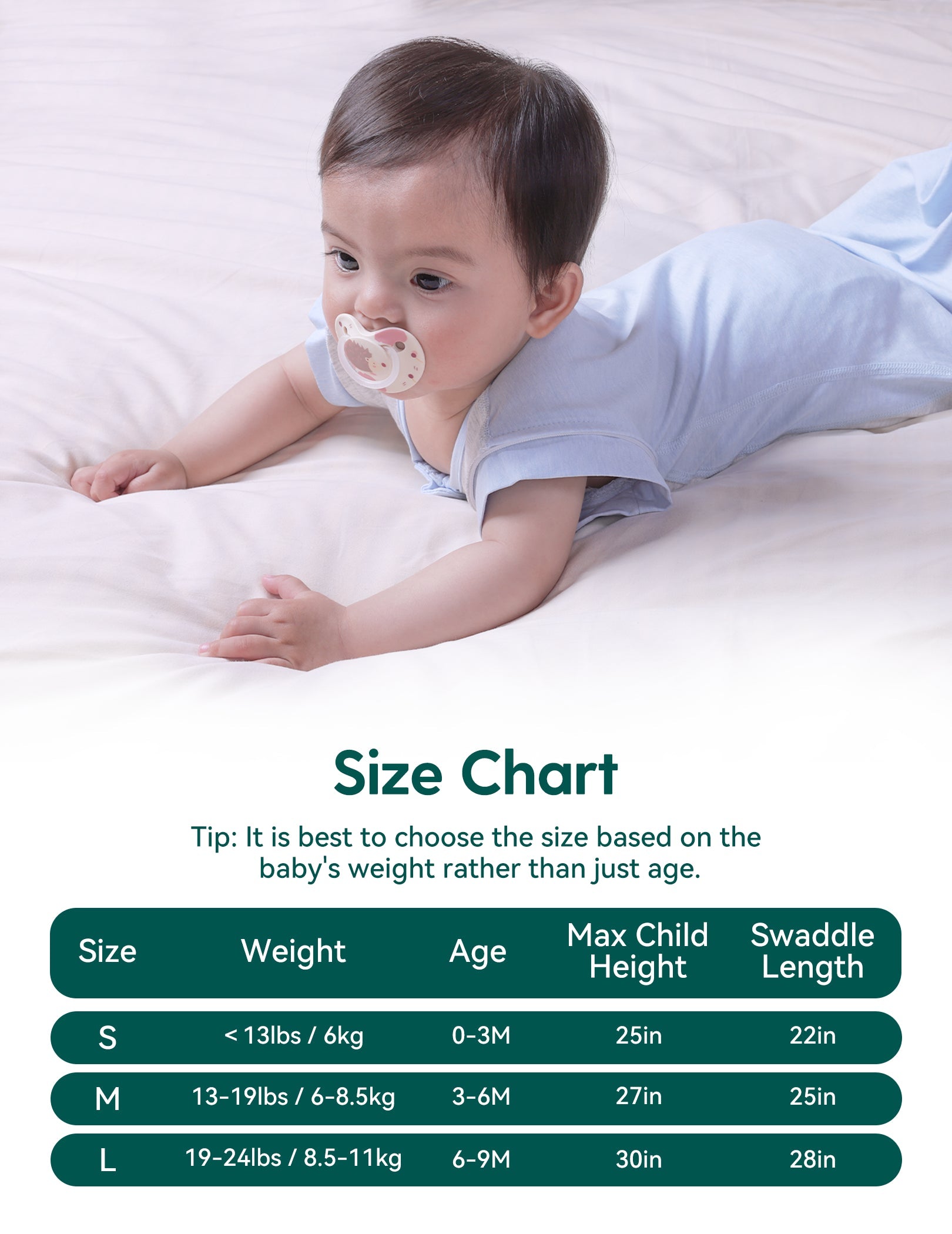 Babelio baby in blue swaddle on crib mattress with size chart, nursery setting.
