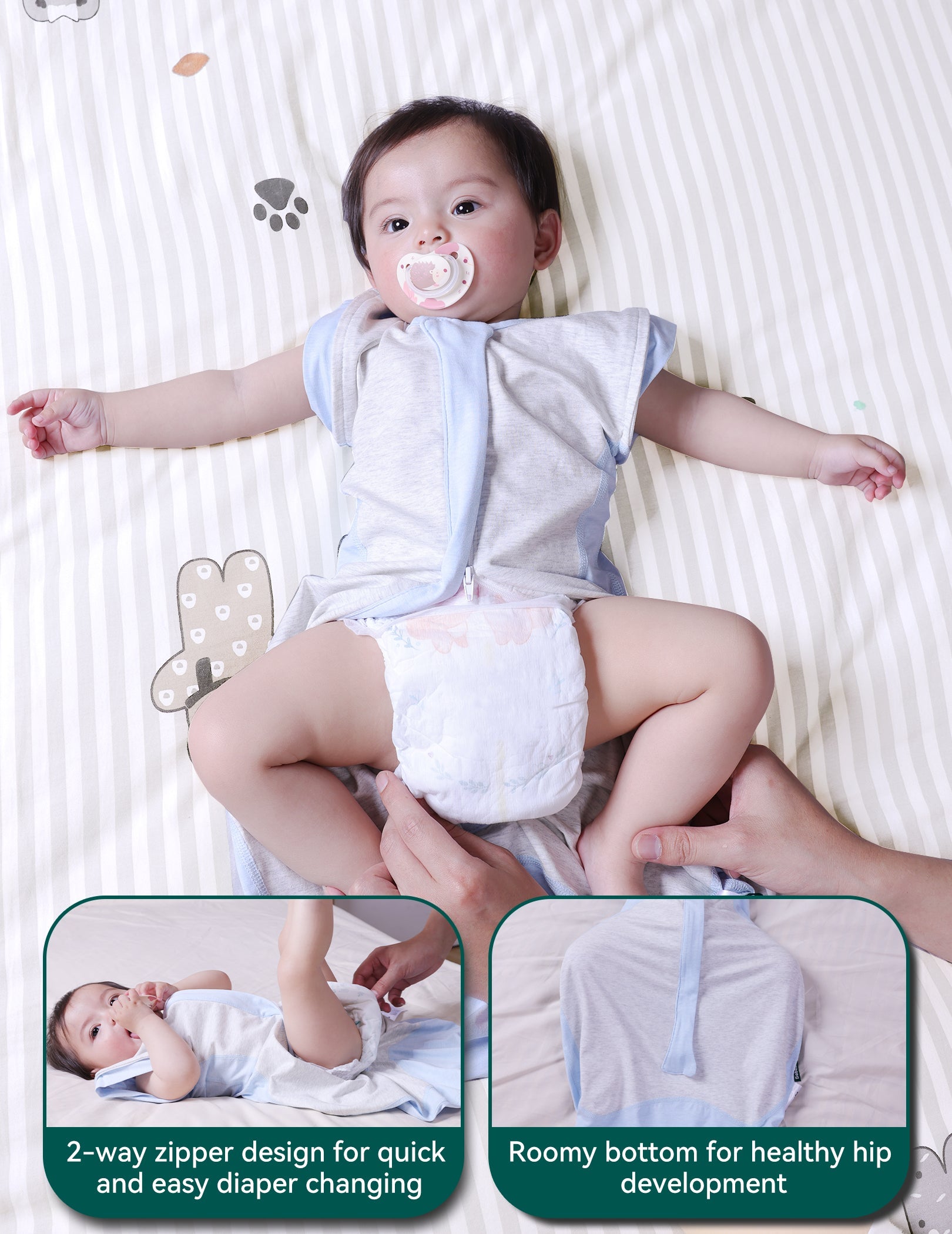 Babelio baby on striped crib mattress in nursery, wearing grey swaddle with detachable sleeves