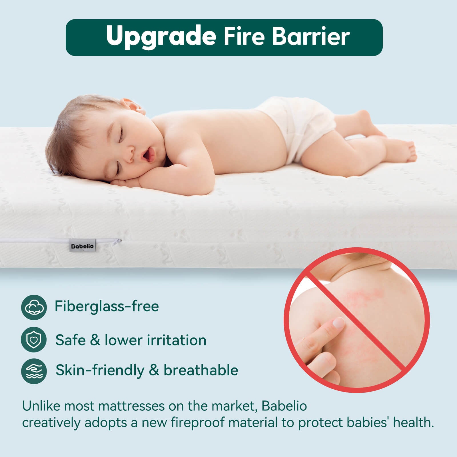 Babelio crib mattress in nursery with baby sleeping, breathable and skin-friendly design