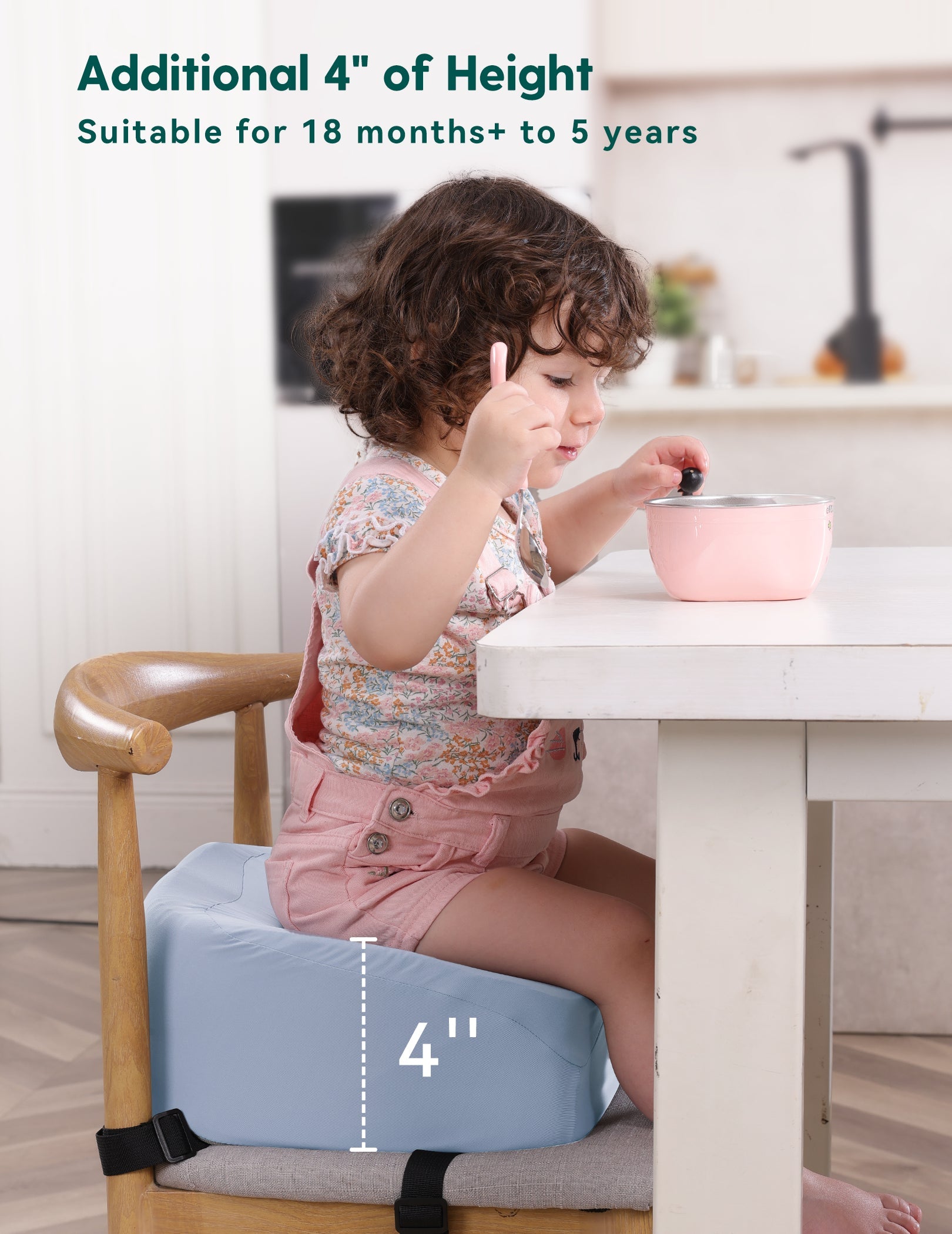 Babelio booster seat cushion for toddlers in dining room, adds 4 inches of height