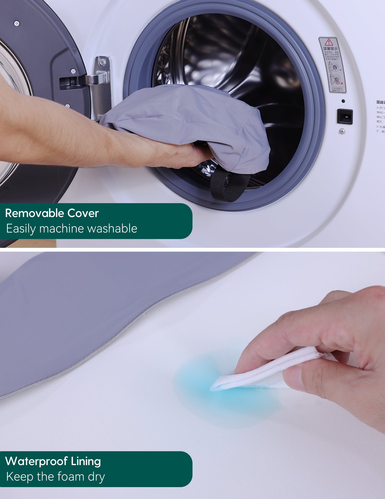 Babelio removable booster seat cover being machine washed and wiped, showcasing waterproof lining.