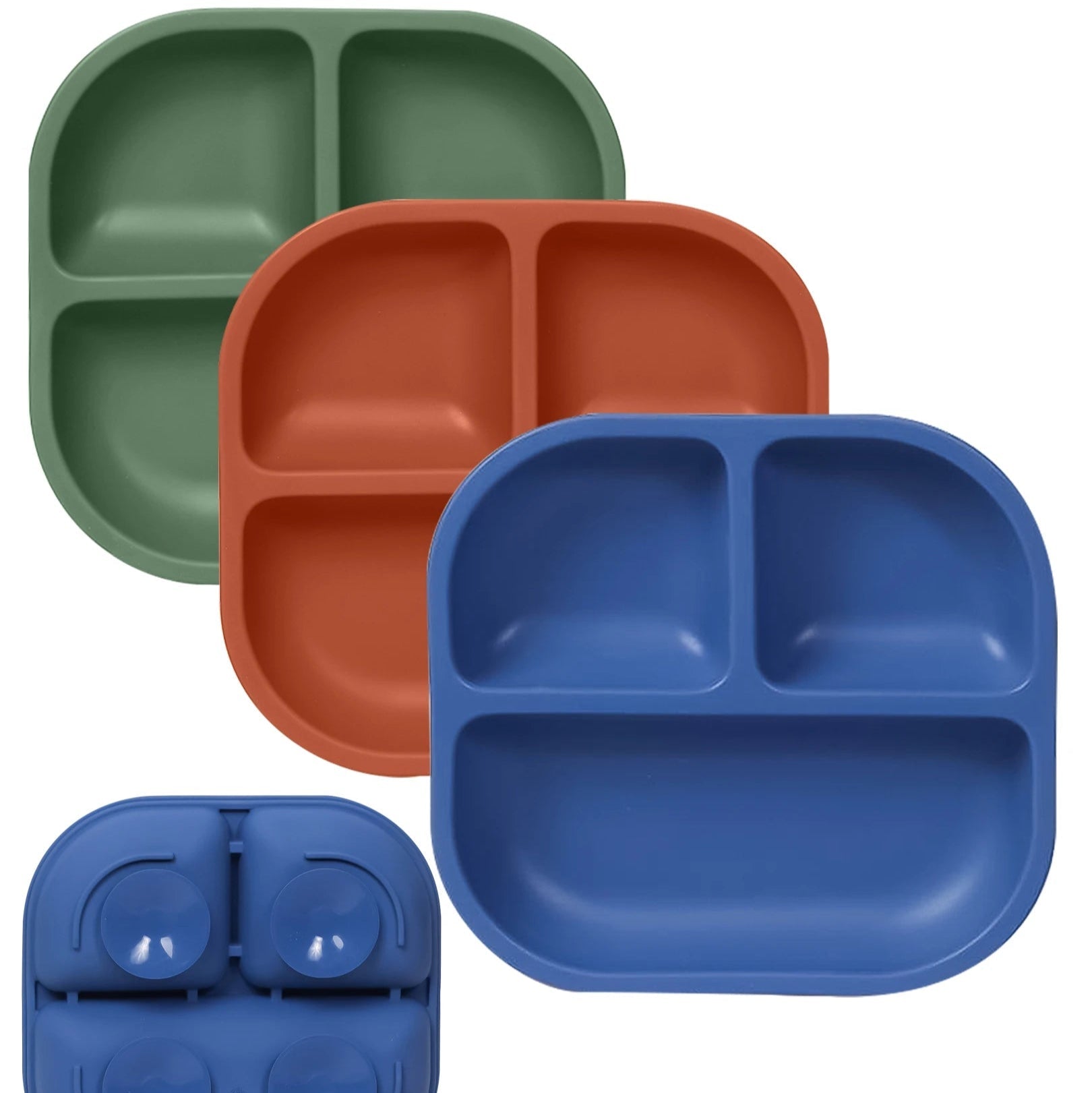 Babelio silicone suction plates for babies and toddlers, 3-pack in blue, green, and red.
