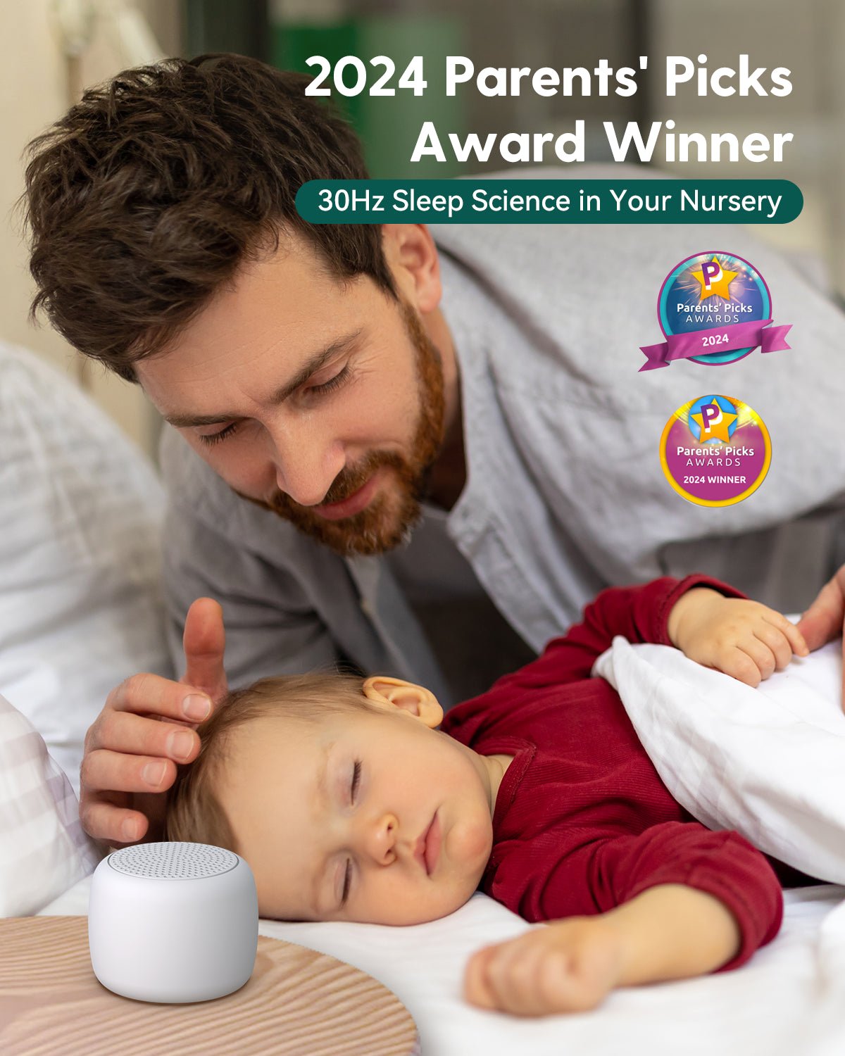 Babelio white noise machine on bedside table in nursery with sleeping baby and parent