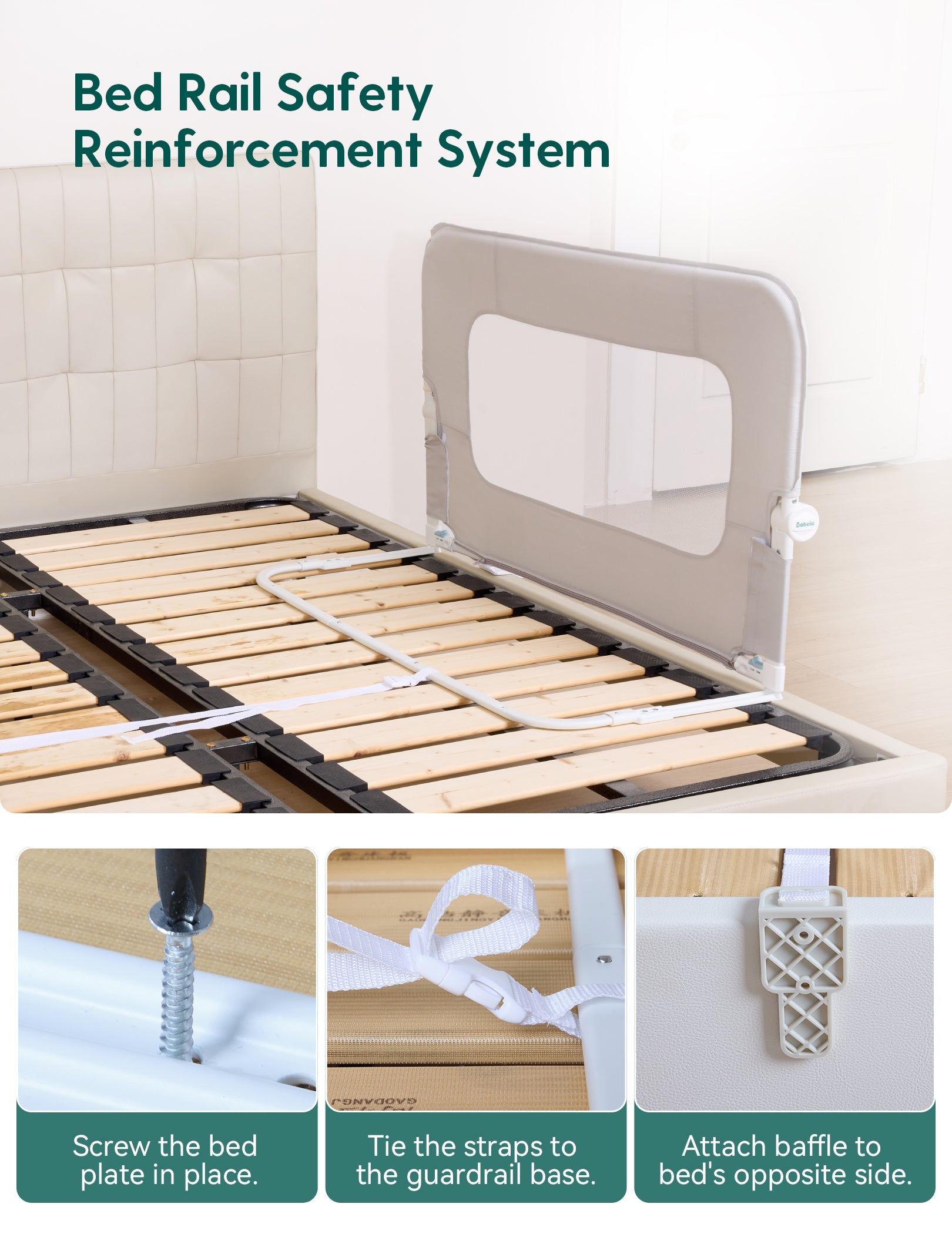 Babelio toddler bed rail safety guard installed on bed frame in a modern bedroom