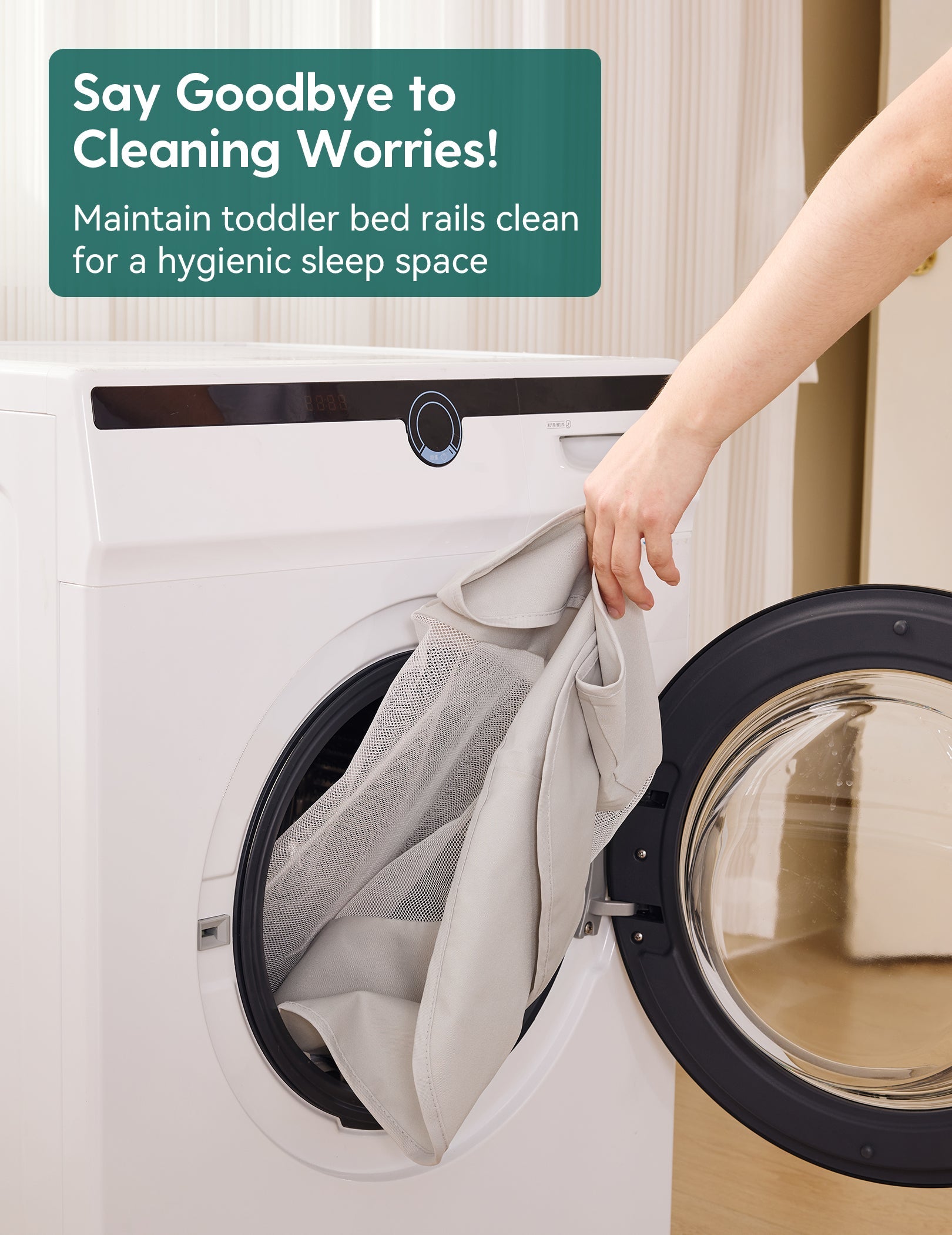 Babelio toddler bed rail cover being placed in a washing machine in a laundry room